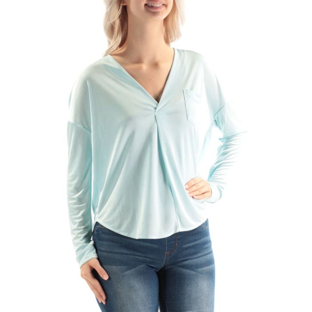 KIIND OF Womens Light Blue Long Sleeve V Neck Top Size: S